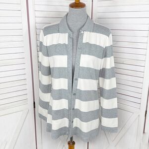 Moda International Rugby Stripes Button Front Cardigan Sweater Grey White Medium